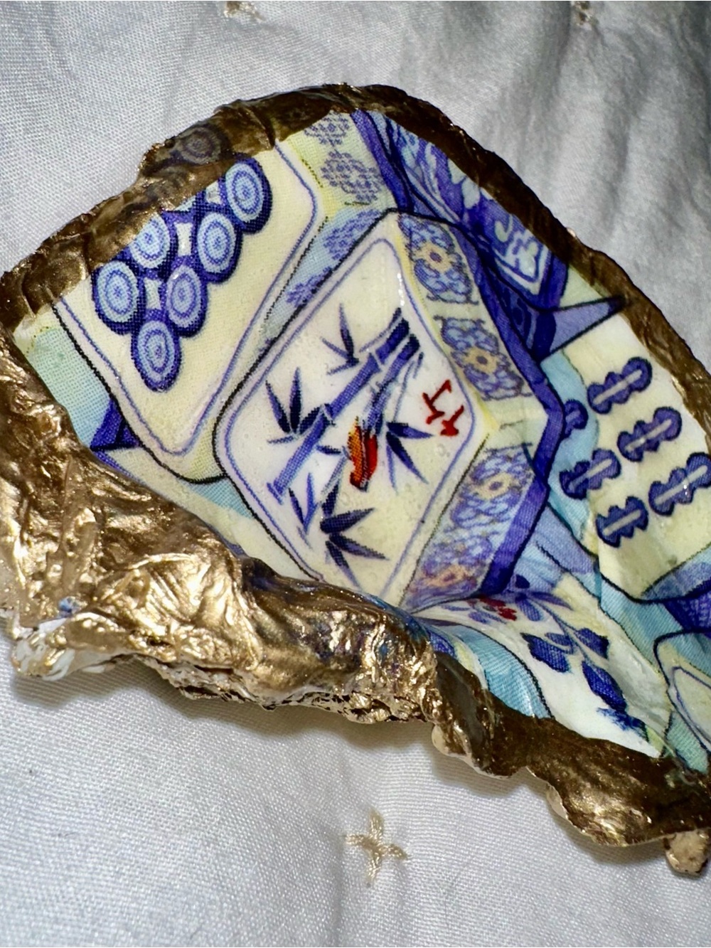 Gold-Trimmed Decoupaged Mahjong Oyster Shell Dish for Dice or Ring Holder